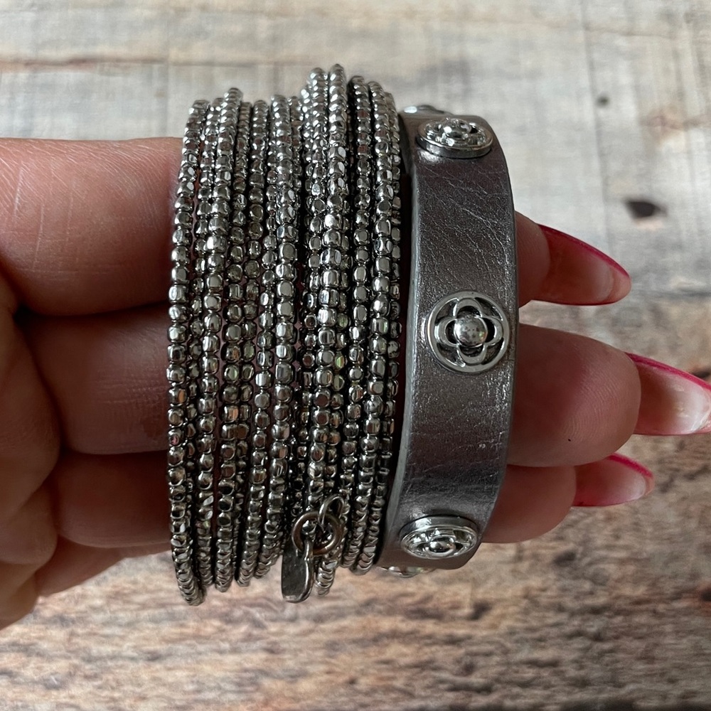 Stella & Dot silver wrap bracelet and single leather wrap